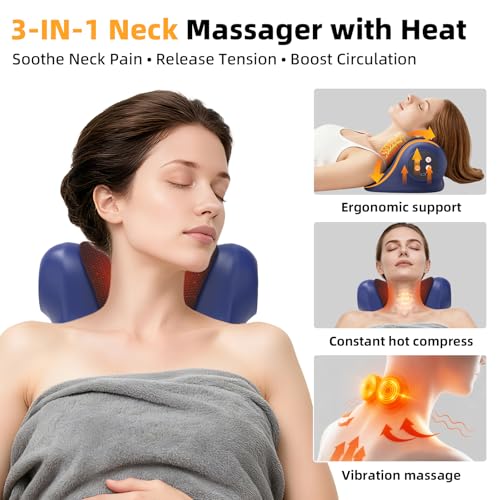SteBeauty Neck Massager with Heat Deep Tissue 3 Temperature 41-45°C, 3 Vibration Modes Cordless U-Shaped Ergonomic for Neck Shoulder Back Pain Relief Massage Pillow, Gifts for Women Men Dad Mom