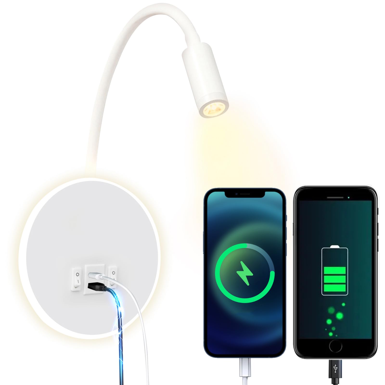 uksunvi LED Wall Lamp Bedside Table Reading Wall Lamp 12W LED Wall Reading Lamps Adjustable Spotlight 3W +9W 3000K Warm Light (USB Charging White)