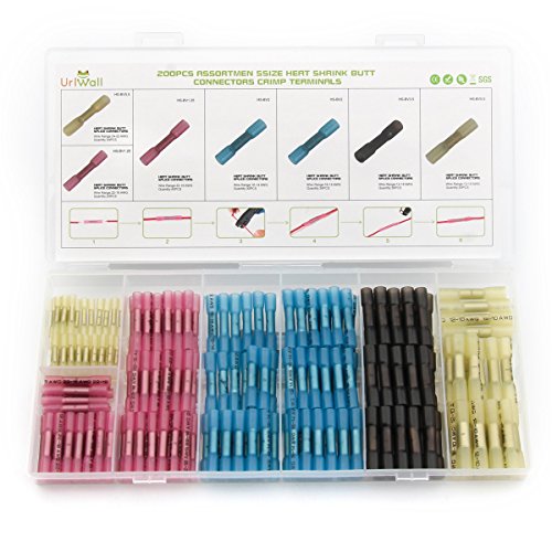 200PCS Heat Shrink Butt Connectors Terminals, URLWALL Electrical Wire Crimp Splice Waterproof Insulated Kit Yellow Blue Black Red Assortment (4colors 5sizes)