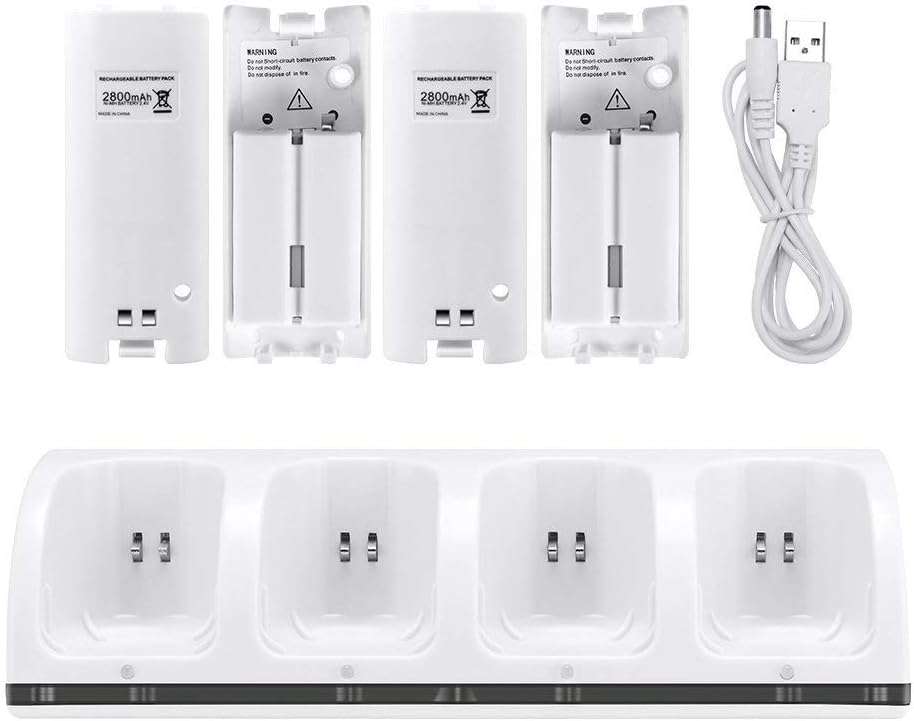 Jevogh 4 Port Charger Dock Station for Wii Remotes with 4 Rechargeable Batteries(Ni-MH) -GR54B White
