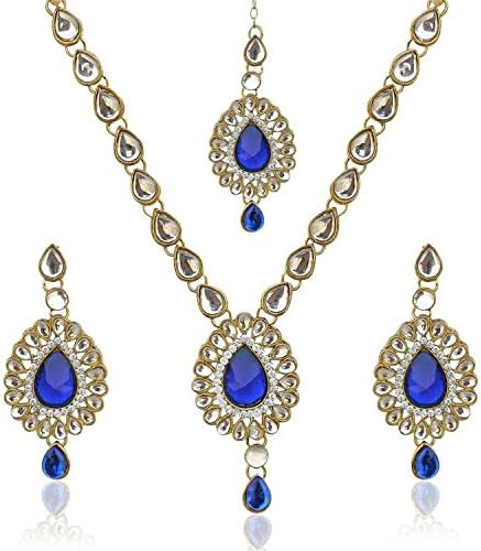 Bollywood Designer Indian Pakistani Ethnic Kundan Necklace Earring Mang Tika (blue)