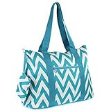 Large Roomy Canvas Tote Purse Beach Travel Bag w/ Attached Coin Purse (Chevron - Blue)