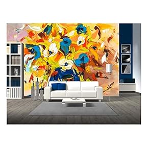 Original Oil Painting of Beautiful Vase or Bowl of Fresh Flowers. on Canvas - Removable Wall Mural | Self-Adhesive Large Wallpaper - 66x96 inches