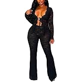 Sezhgswd Women's Sexy Lace 2 Piece Set Tie Front Ruffle Mesh Crop Top Skinny Flare Pants Sets Going Out Club Outfits