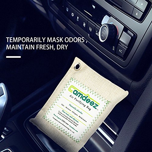 4 Pack Camdeez Natural Air Purifying Bags, Gym Bag & Shoe Deodorizer, Activated Bamboo Charcoal Purifying Bag, Air Freshener, Odor Eliminator, Odor Absorber for Car Pet Litter Fridge Closet 200g x 4 P