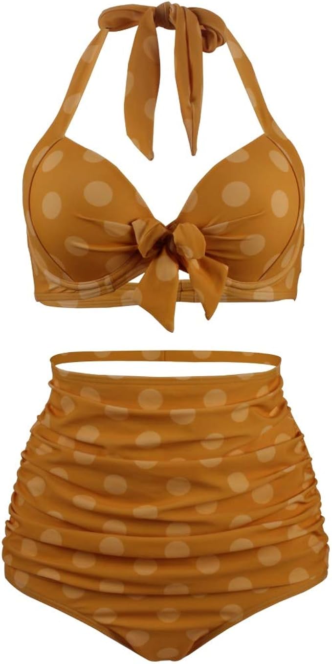 水着の女性 黄色の水玉ホルターネックカラーの花柄ハイウエストツーピースの水着 セクシーなビキニの休暇 ナイロン 水着 ビキニ セパレーツ 通販 Amazon