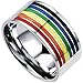 Men Women's Classic Stainless Steel Rainbow Striped Ring Valentine Couples Wedding Bands Colorful Silver