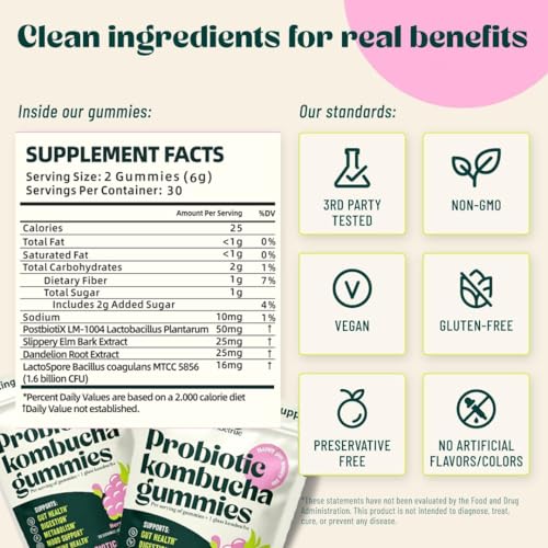 Fibetrue Women’s Probiotic Kombucha Gummies for Gut Health & pH Balance – Prebiotic, Probiotic & Fibre Supplement– Digestive & Immune Support –Slippery Elm,Dandelion Root – 60 Gummies