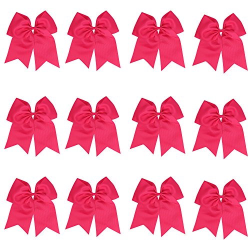 ICObuty 12 Pcs 8â€œ Jumbo Cheer Bows Ponytail Holder Cheerleading Bows Hair Tie for Teens Girl (Shocking Hot Pink)