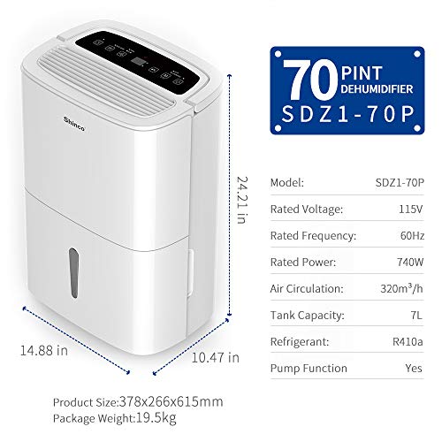 Shinco 9 Gallon (70 Pints) Portable Dehumidifier, with Built-in Pumpï¼ŒEnergy Star, Compact Dehumidifier for Home, Basements, Bathroom, Kitchen, for Spaces Up to 5000 Sq Ft, Continuous Drain Hose Outlet