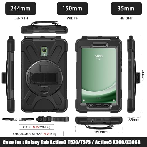 Gerutek Shockproof Case for Samsung Galaxy Tab Active 5 2024/Tab Active 3 2020 8 Inch, SM-X300/X306B/T570/T575, Heavy Duty Armor Case with Rotating Stand, Hand Strap and Shoulder Strap, Pen Holder, Black