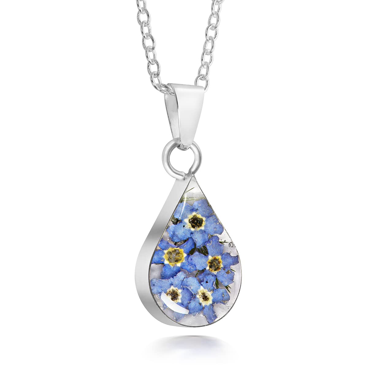 Natural Flower Jewellery Sterling Silver Small Tear Drop Pendant Made with Real Forget Me Nots …