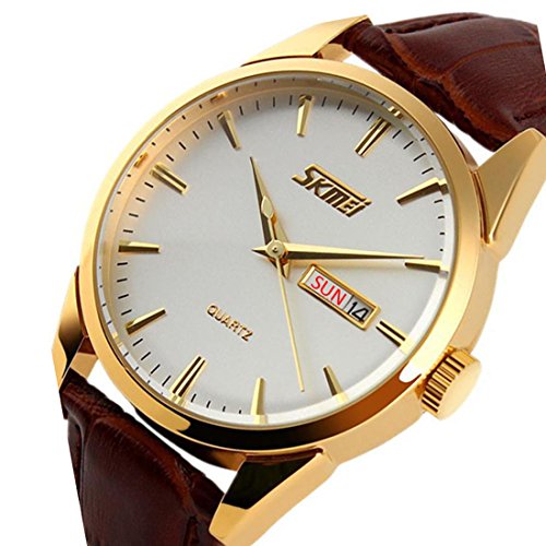 CakCity Mens Stylish Analog Quartz Waterproof Business Dress Watch with Stainless Steel Gold Case,Military Watch with Brown Leather Band