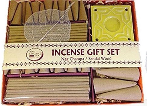 SANDALWOOD + NAG CHAMPA - Aromatherapy Incense Gift Set - 40 Sticks &amp; 29 Cones &amp; Ceramic Holder