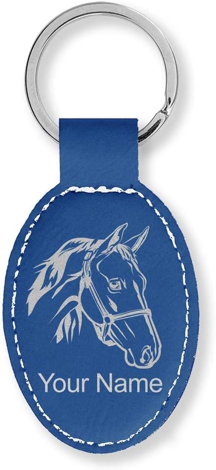 Oval Keychain, Horse Head 2, Personalized Engraving Included (Dark Blue)