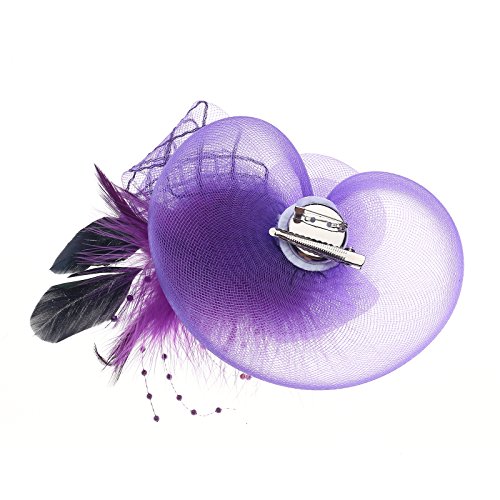Purple Fashion Feathers Hair Clip Fascinator Cocktail Kentucky Derby Hat With Mesh Loops, Beaded For Women