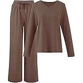 DERAX Womens 2 Piece Lounge Sets V Neck Long Sleeve Tops Wide Leg Pants 2026 Spring Matching Set