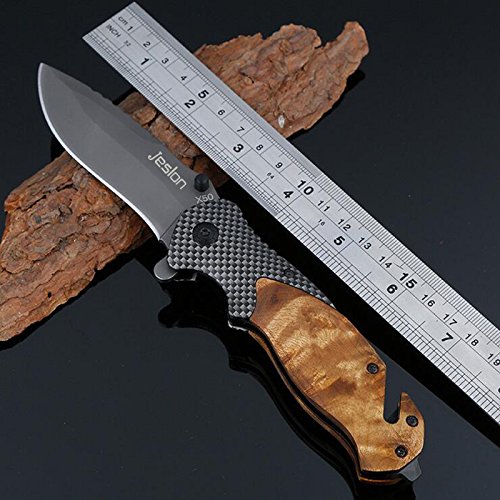 Jeslon Spring Assisted Opening Tactical Folding Pocket Knife, Wood Handle 440C 57HRC Blade Good for Camping Survival and outdoor Activities.