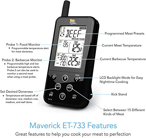 Maverick ET-733 Long Range Wireless Dual Probe BBQ Smoker Meat Thermometer Set