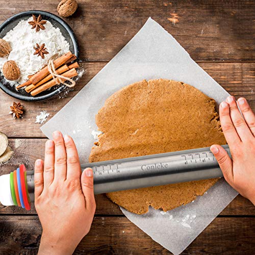Conleke Rolling Pin with Adjustable Discs Stainless Steel Rolling Pins and Baking Mat for Making Dough Pizza Pie Cookies Bread Noodles (17" Rolling Pin with Mat)