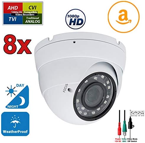 Evertech 8 Pcs 1080p HD High Definition Security Camera Dome Night Vision Manual Zoom Outdoor Indoor, Compatible 1080p/5MP/4MP/3MP/2MP AHD TVI CVI and Traditional Analog DVRs