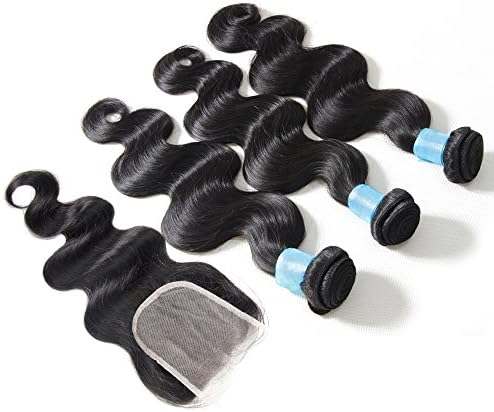 Queen Love Brazilian Virgin Hair 4Pcs Lot Body Wave Lace Closure With 3 BUndles 100% Human Hair Weave Extensions (12 14 16with10)