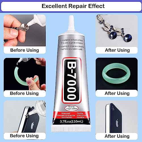 B7000 Adhesive Rhinestones Glue for Crafts, 2PCS 110ml / 3.7 fl oz with 5 Dotting Pen Tool, Wax Pencil and Tweezer, Jewelry Glue for DIY Craft, Makeup, Shoes, Jewelry Making, Nail Art