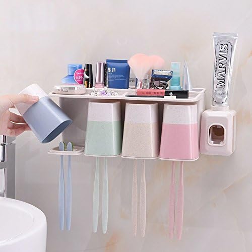 Toothbrush holder Automatic Toothpaste Dispenser with 4 cups Anti-dust Wall Mounted Hanging Toothbrush Storage Set
