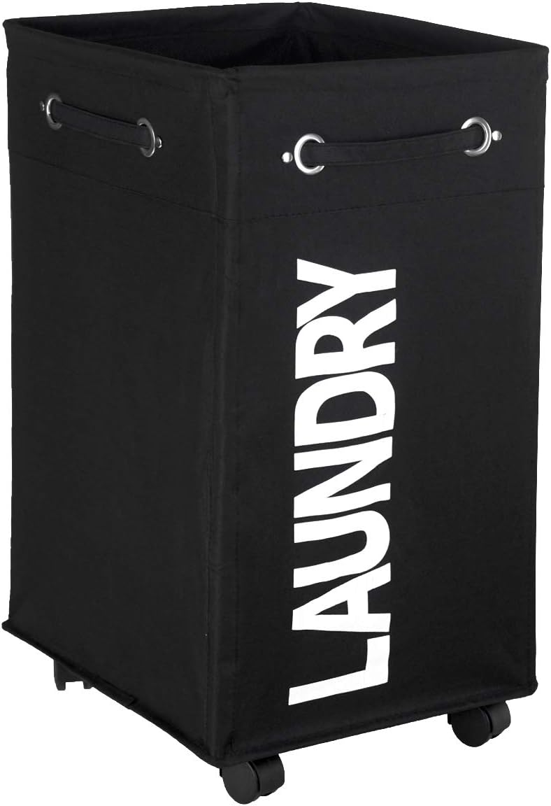 AcmeSoy 24" Rolling Laundry Hamper, Black Collapsible Mesh Cover Laundry Basket