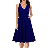 WOOSEA Women's Sleeveless V Neck Vintage Pockets Swing Business Church Dress
