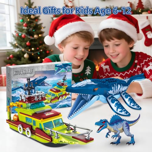 3-in-1 Construction Set Ocean Explorer Dinosaurs Compatible with Park World Dinosaur, Boat & Mosasaurus Spinosaurus Dinosaurs with Jointed Joints, Toys Male Child 6-12 Years