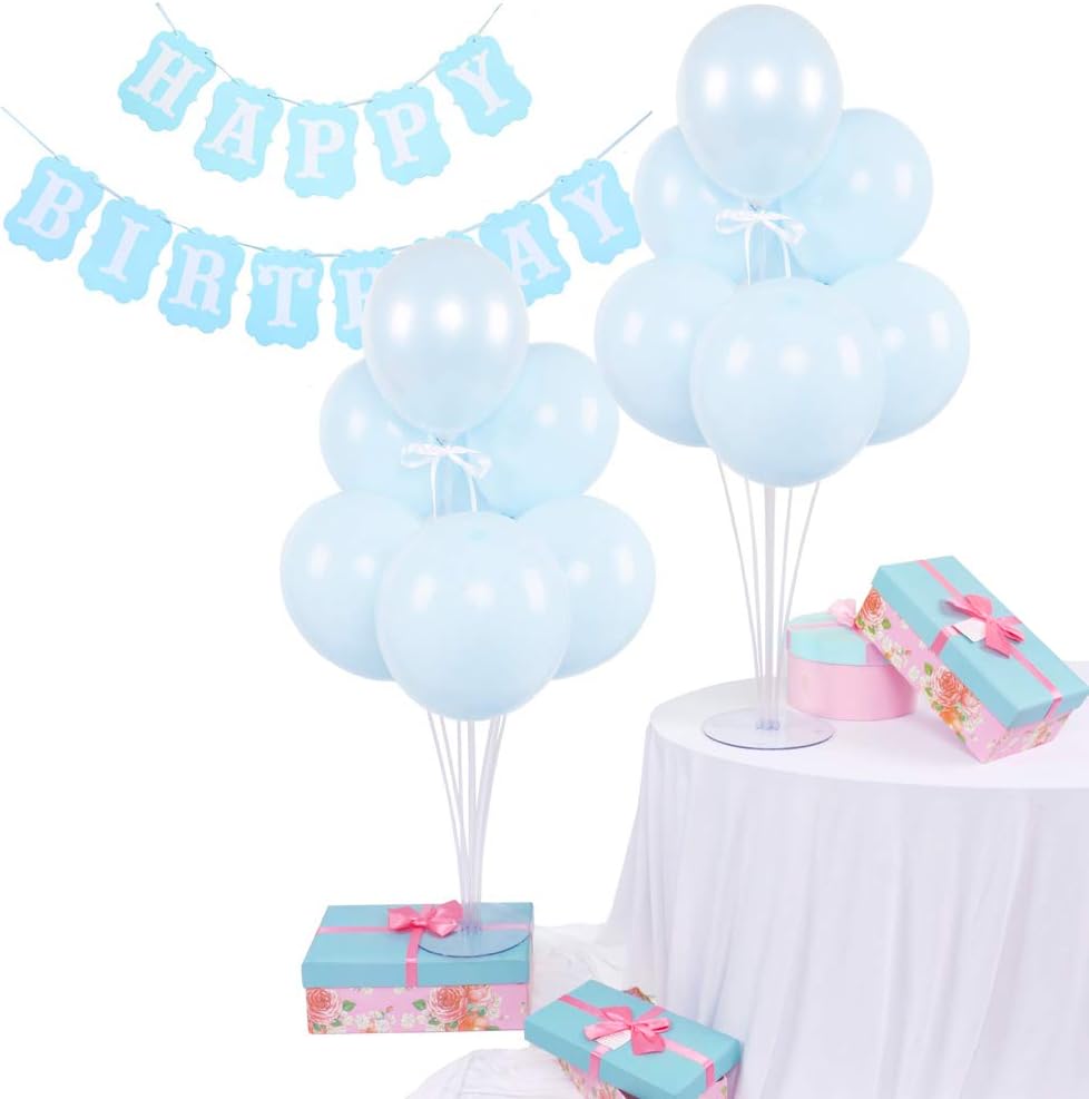 14pcs Macaron Balloons DIY Table Balloon Stand Kit 2 Sets Balloon Holder Sticks 7 Cups and 1 Base Birthday Banner for Baby Shower Birthday Party Decoration 28" Height (Macaron Blue)