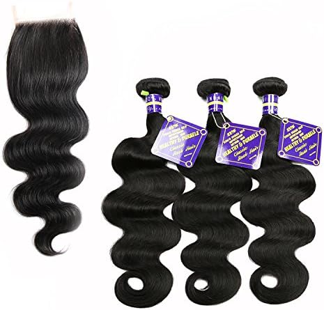 Favor Beauty Store Virgin Brazilian Hair Body Wave With Free Part Lace Closure Grade 6A Remy Hair Natural Color Unprocessed Human Hair Extensions(18 20 22 with 12 Closure)