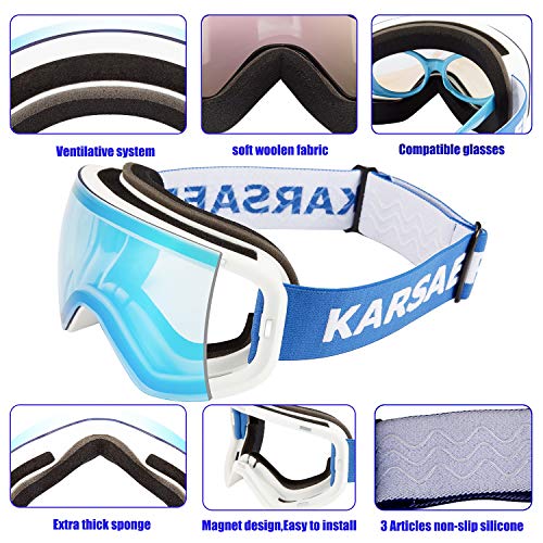 Karsaer Ski Goggles Snowboard Snow Goggles OTG Magnet Dual Layers Lens UV Protection Anti-Fog UV Protection Scratch Resistant Anti-Slip Strap for Men Women