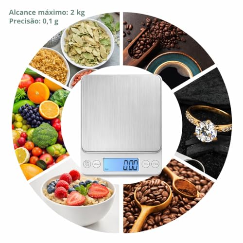 Balança Digital de Precisão 0,1g a 2kg para Cozinha e Jóias, Visor LCD Iluminado, 9 Unidades, Função Tara e Contagem de Peças, 2 Bandejas, Portáil Desligamento Automático