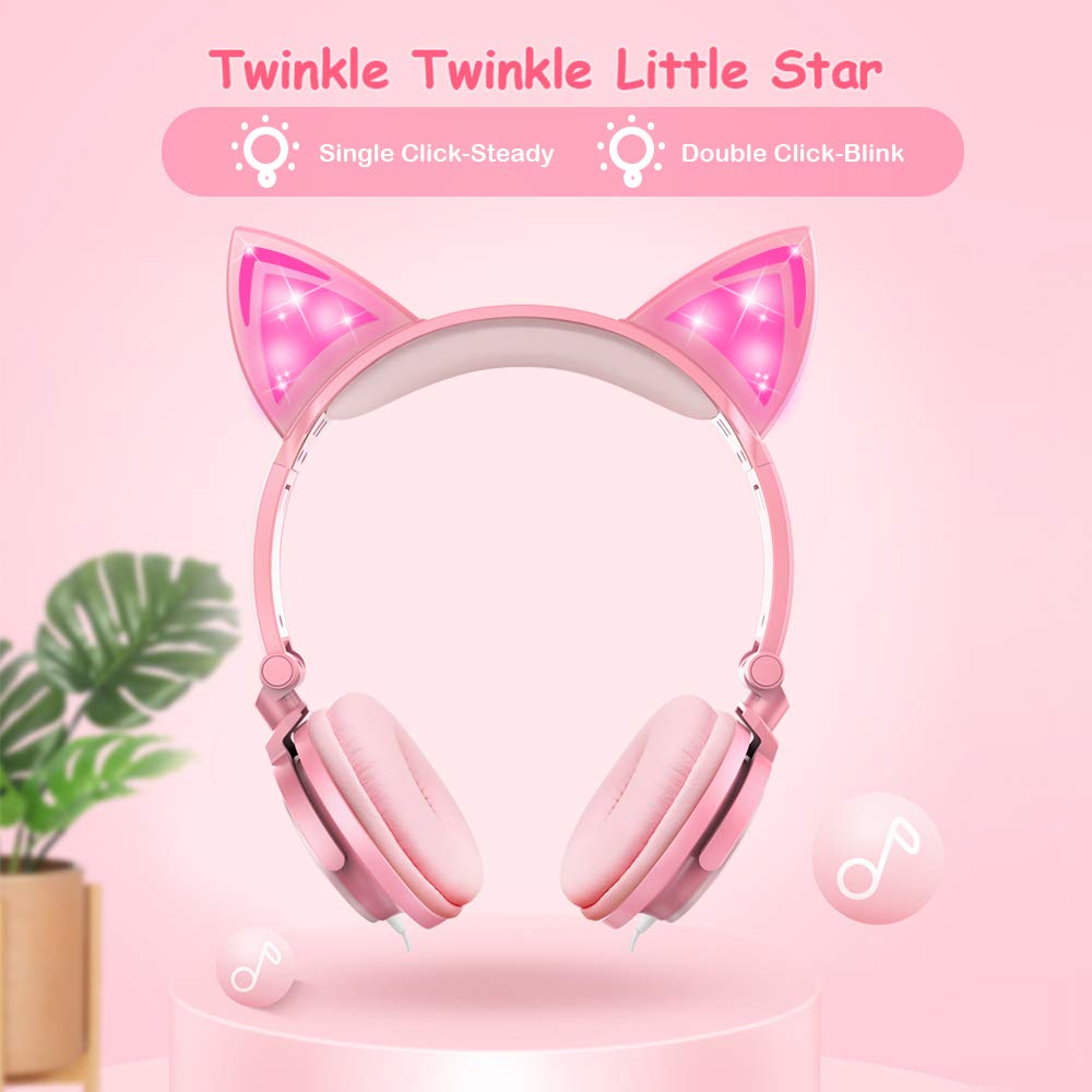 Cuffie per Bambini, Orecchio sopra con orecchie di gatto incandescente a LED, Cat Ear Headphone Cablate, 85dB Volume, Kids Cuffie ispirate al gatto per ragazze (Rosa)