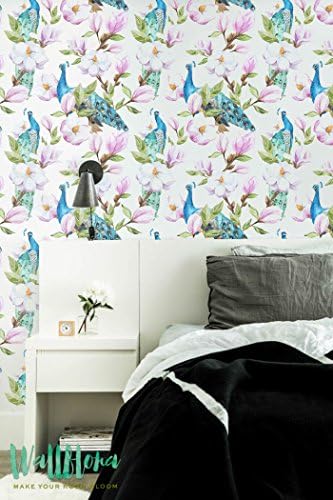 Magnolia And Peacock Pattern Wallpaper - Magnolia Wallpaper - Magnolia Wall Sticker - Peacock Wall Decal - Peacock Self Adhesive Wallpaper