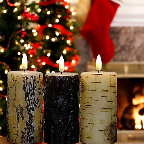 3 Style Birch Bark Flameless Flickering Candles, Set of 3. 2.2" x5" LED