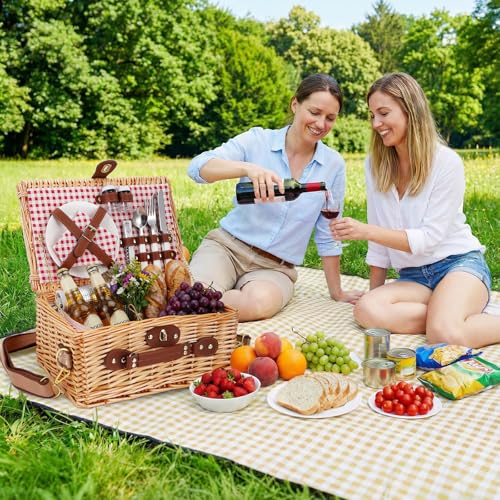 Wicker Picnic Basket Wicker Picnic Basket for 2 Person - Picnic Set with Insulated Compartment, Plates, Cutlery, Wine Glasses, Corkscrew - Perfect for Beach, Country, Park & BBQ Gift