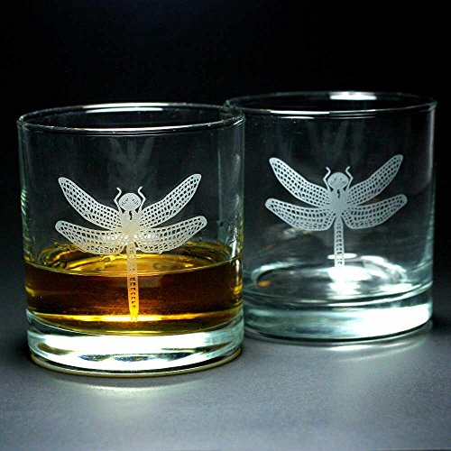 DRAGONFLY Lowball Glasses set of 2 - Dishwasher-safe etched whiskey glass
