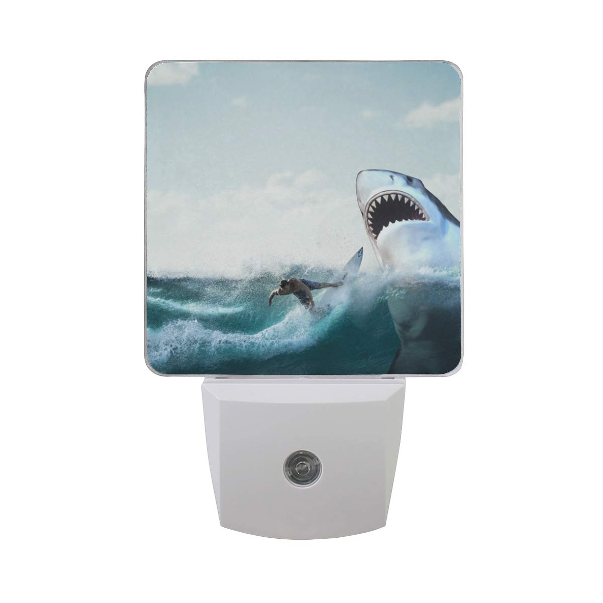 LED Night Light Lamp with Surfer and White Shark Great for Bedroom Toilet Bathroom Hallway Stairways or Any Dark Room Wall Decorative Daylight