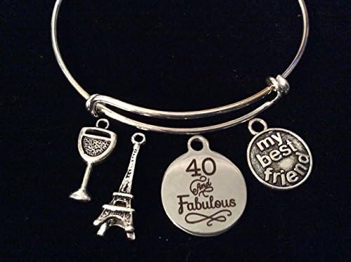 40 and Fabulous My Best Friend Happy 40th Birthday Expandable Silver Charm Bracelet Adjustable Bangle Gift Eiffel Tower Wine Glass