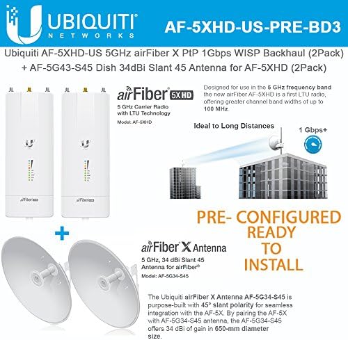 Ubiquiti AF-5XHD-US PRE CONFIGURED (2 UNITS) 5GHz airFiber X PtP 1Gbps Radio WISP Backhaul Performance + AF-5G34-S45 (2 UNITS) Dish 34dBi Slant 45 Antenna for airFiber X AF-5X READY TO INSTALL