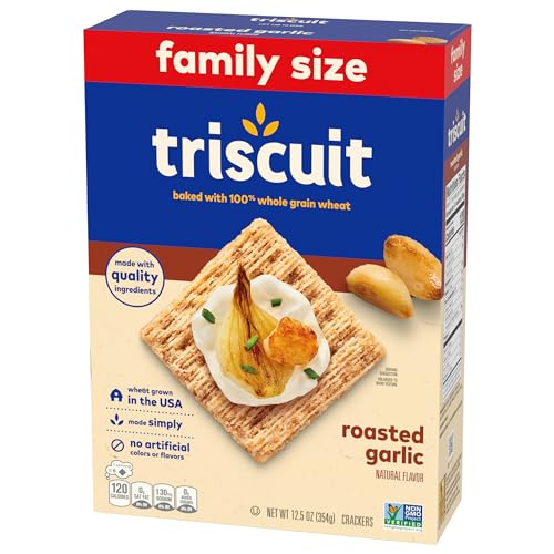 TRISCUIT ROASTED GARLIC WHOLE GRAIN WHEAT CRACKERS, SNACK CRACKERS, LUNCH SNACKS, FAMILY SIZE, 12.5 OZ