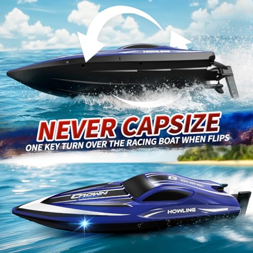 35km/h Waterproof 2.4GHz RC Boat with LED and Flip Function, Water Cooled, Dual Battery, Range and Battery Alarm, Ideal for Kids and Adults, Swimming Pool and Lake