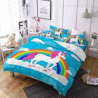 Jessy Home Duvet Cover Full Set, 4 PC Cartoon 3D Bedding Set, Unique Print with Unicorn for Girls,1 Duvet Cover/1 Flat Bed Sheets/2 Pillowcases,Without Comforter