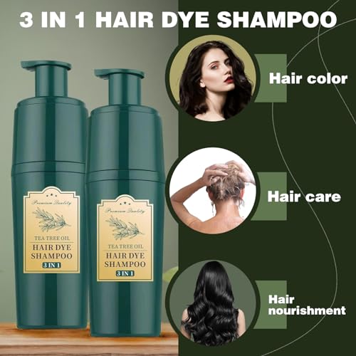 BLACK HAIR DYE SHAMPOO 3 IN 1, INSTANTLY FOR GRAY HAIR COVERAGE, TEA TREE FOR MEN WOMEN, NATURAL & LONG-LASTING COLOR, QUICK & EASY TO USE 16.9 FL OZ