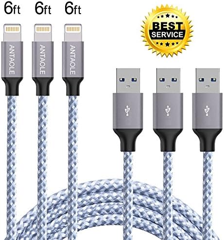 ANTAOLE iPhone Charger, 3PACK 6Feet Nylon Braided Charging Cable Cord Lightning to USB Cable Charger for iPhone X / 8 / 7 / 6 / 6s / plus / 5c / 5s / SE, iPod, iPad, IOS11 and More (Silver White)