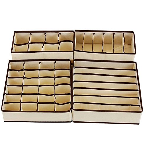 Metuu Foldable Clothing Drawer Organizer Underwear Organizer Drawer Divider Kit 4 Set for Underwear Bras, Socks, Neck ties and Scarves, Beige