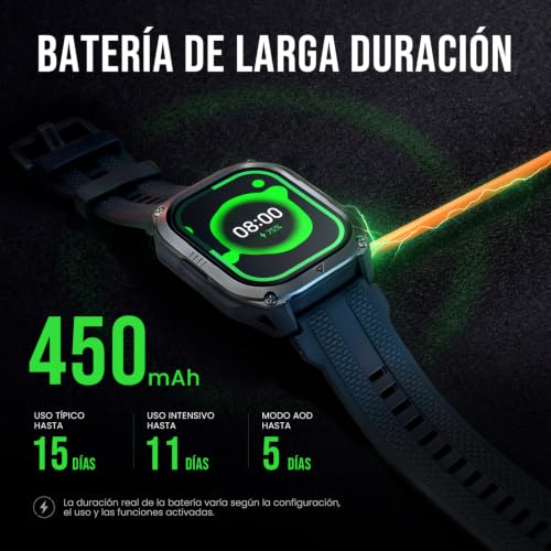 KOSPET Pulse 2 Reloj Inteligente con GPS, 5 ATM e IP69, Batería 15 Días | Smartwatch Militar AMOLED 1.96", Resistente, Linterna LED, 170+ Deportes, Ritmo Cardíaco y Sueño para Android iPhone